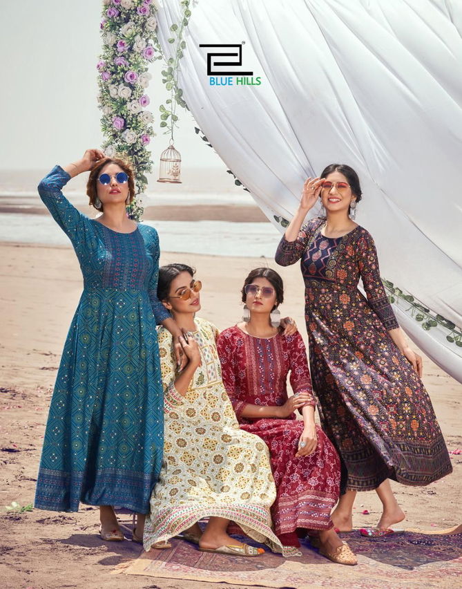 Blue Hills Up To Date 5 Rayon Printed Festive Wear Designer Long Kurti Collection